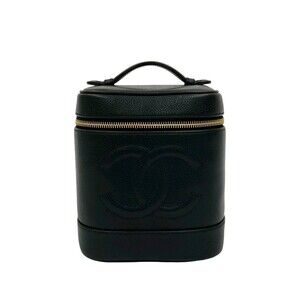 CHANEL Black Caviar Leather Logo Vanity Bag